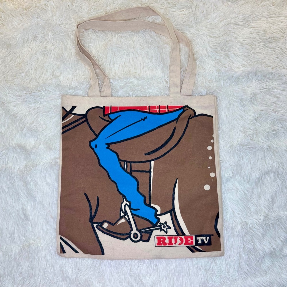Ride TV Western Cowboy Graphic‎ Print Beige Canvas Tote Bag